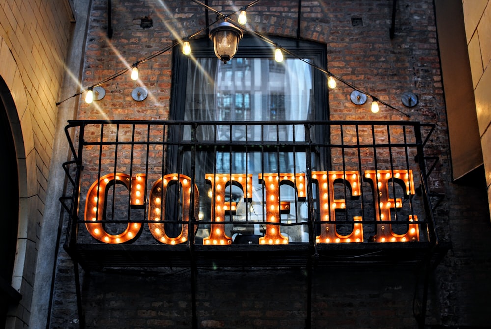 coffee marquee lights on wall