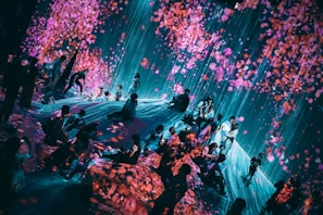 A visually immersive art installation features a group of people interacting with digital projections that create the effect of falling cherry blossoms. The space is filled with bright pink and purple petals against a backdrop of cascading blue light, providing a dreamlike atmosphere.