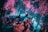A visually immersive art installation features a group of people interacting with digital projections that create the effect of falling cherry blossoms. The space is filled with bright pink and purple petals against a backdrop of cascading blue light, providing a dreamlike atmosphere.