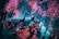 A visually immersive art installation features a group of people interacting with digital projections that create the effect of falling cherry blossoms. The space is filled with bright pink and purple petals against a backdrop of cascading blue light, providing a dreamlike atmosphere.