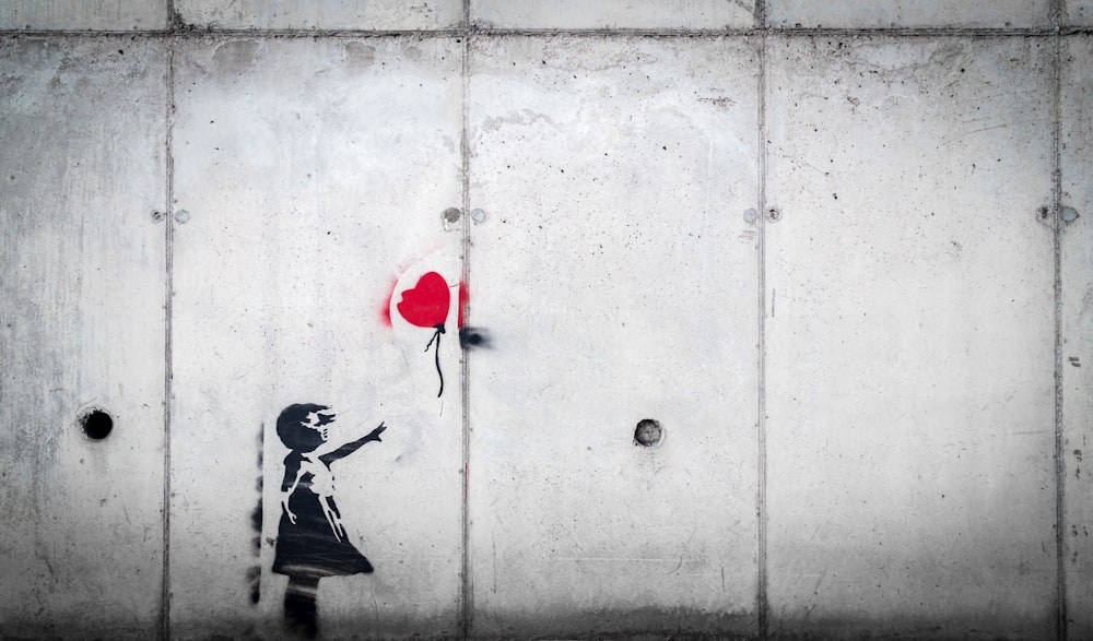 girl in black dress and red heart balloon wall decal