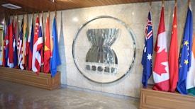 A row of diverse national flags is displayed, representing various countries, alongside a large ASEAN emblem mounted on a marble wall. The area is well-lit and designed with a polished wooden floor and ceiling.
