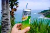 A can of beverage is held up against a scenic background featuring a tropical landscape with the ocean and palm trees. The can has green and silver colors with lime imagery and text in a language that is not English. A straw protrudes from the can.