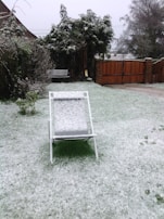 A backyard with a thin layer of snow covering the grass and a white lawn chair in the center. Evergreen trees and bushes are dusted with snow, and a wooden gate is slightly ajar in the background. The sky is overcast, adding a cold and wintry atmosphere.