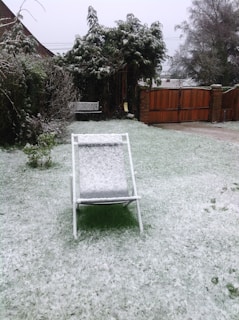 A backyard with a thin layer of snow covering the grass and a white lawn chair in the center. Evergreen trees and bushes are dusted with snow, and a wooden gate is slightly ajar in the background. The sky is overcast, adding a cold and wintry atmosphere.
