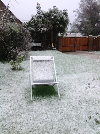 A backyard with a thin layer of snow covering the grass and a white lawn chair in the center. Evergreen trees and bushes are dusted with snow, and a wooden gate is slightly ajar in the background. The sky is overcast, adding a cold and wintry atmosphere.