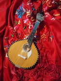 A small wooden string instrument with a teardrop shape is placed on a vibrant red fabric featuring colorful floral embroidery.