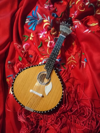 A small wooden string instrument with a teardrop shape is placed on a vibrant red fabric featuring colorful floral embroidery.