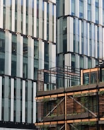 Elegant commercial building facade with glass and wood accents