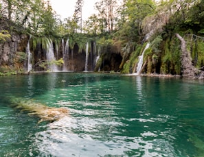 Crystal-clear waterfall cascading into a natural pool at a secluded resort