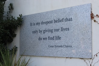 A gray stone plaque mounted on a white wall displays an inspirational quote by Cesar Estrada Chavez. The plaque is surrounded by green leaves and vines, adding a natural touch to the setting.