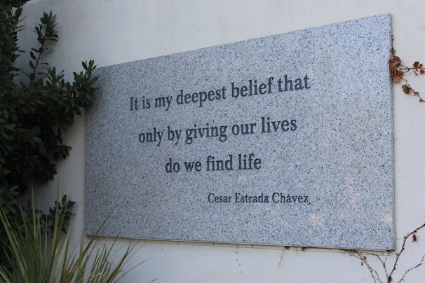 A gray stone plaque mounted on a white wall displays an inspirational quote by Cesar Estrada Chavez. The plaque is surrounded by green leaves and vines, adding a natural touch to the setting.