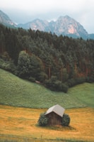 A quaint, wooden cabin is surrounded by lush greenery and rolling hills, set against the backdrop of towering, rugged mountains. The scene is serene and picturesque, highlighting the beauty of nature.