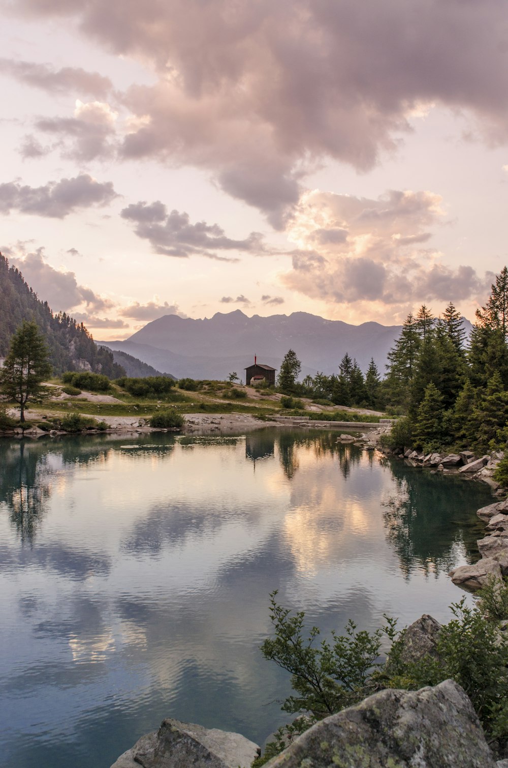 body of water with mountains and trees