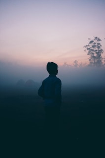 a man walks alone in the haze