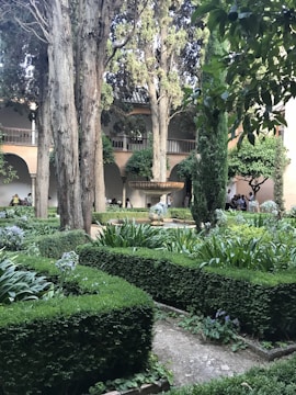A beautifully maintained garden featuring trimmed hedges, tall trees, and a central fountain surrounded by lush greenery. People are visible in the background, partially obscured by the foliage. The garden is enclosed by a building with arched windows and decorative columns.