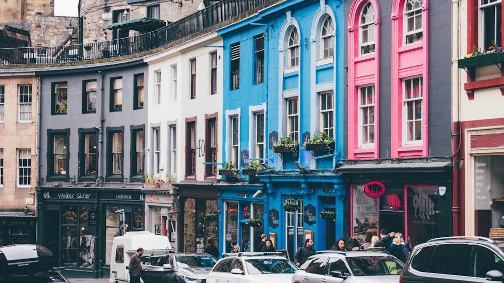 cars parked near multi-color buildings