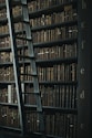 library shelf near black wooden ladder
