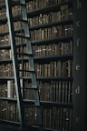 library shelf near black wooden ladder