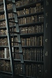 Une bibliothèque en bois avec des livres anciens, nervés et aux couvertures anciennes 