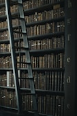 library shelf near black wooden ladder