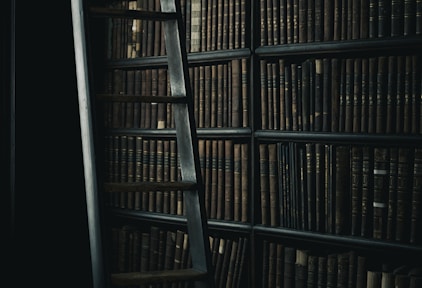 black wooden ladder beside brown wooden bookshelf
