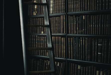black wooden ladder beside brown wooden bookshelf