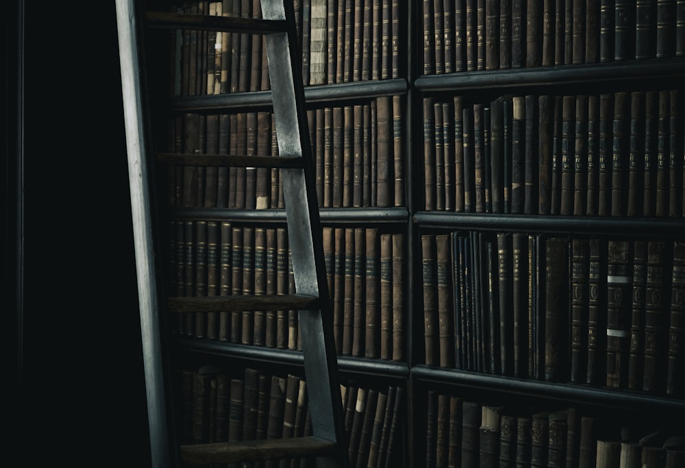 black wooden ladder beside brown wooden bookshelf