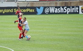 Two soccer players are engaged in a close match on the field, with one player in a blue and white uniform tackling another player in a red and black uniform. The soccer ball is visible near their feet, and another player in red is in the background. The field is lush green and marked with white lines. The backdrop includes advertisements from soccer organizations.