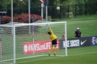 A soccer goalkeeper in a yellow jersey leaps to save a ball heading towards the top of the goal. The scene is set on a grassy pitch with a black fence and some spectators in the background. There is signage on the sidelines, and flags are flying nearby.