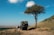 A landscape featuring a safari vehicle parked near a lone tree on a grassy hillside. People are standing near the vehicle, looking out over a vast open plain beneath a clear blue sky with a few clouds.