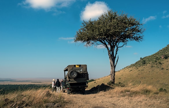 A landscape featuring a safari vehicle parked near a lone tree on a grassy hillside. People are standing near the vehicle, looking out over a vast open plain beneath a clear blue sky with a few clouds.