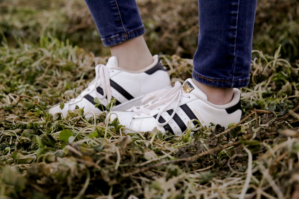 woman wearing white Adidas Superstar shoes