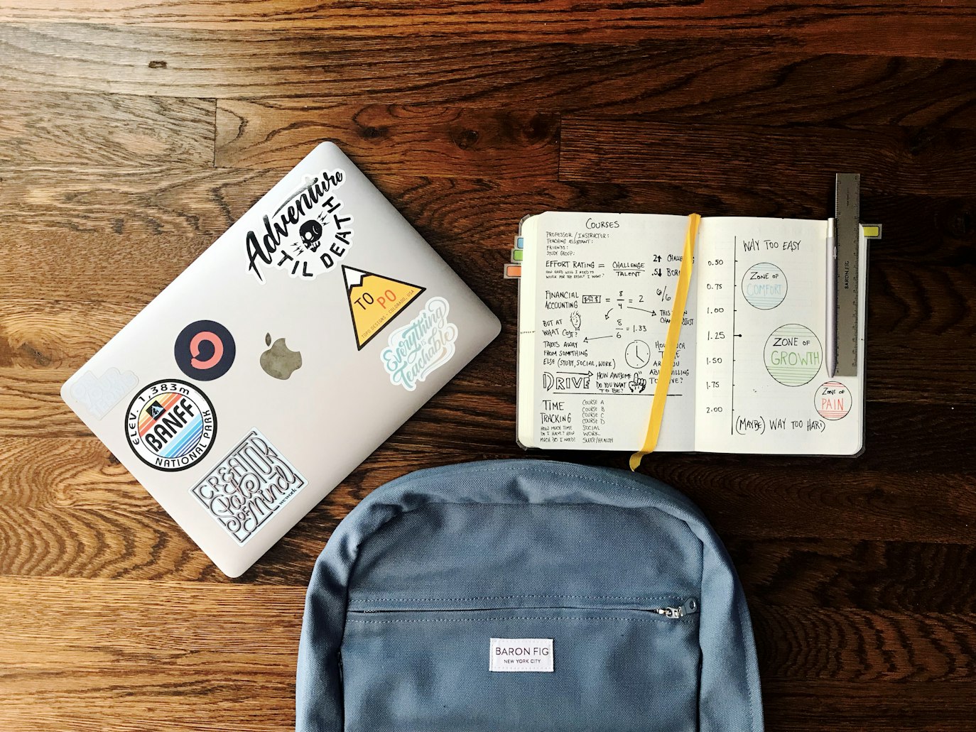 backpack, notebook, and laptop doing work studying abroad.