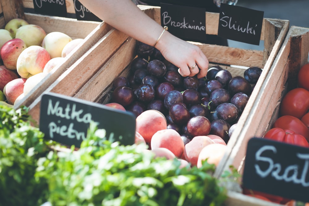 person picking fruit in brown wooden crate during daytime