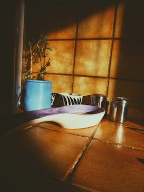 A sunlit kitchen counter with warm, brown tiles. A blue plant pot with a small plant is surrounded by a black and white striped mug and two metallic containers. A ceramic spoon rest with a purple interior is lying on the counter.