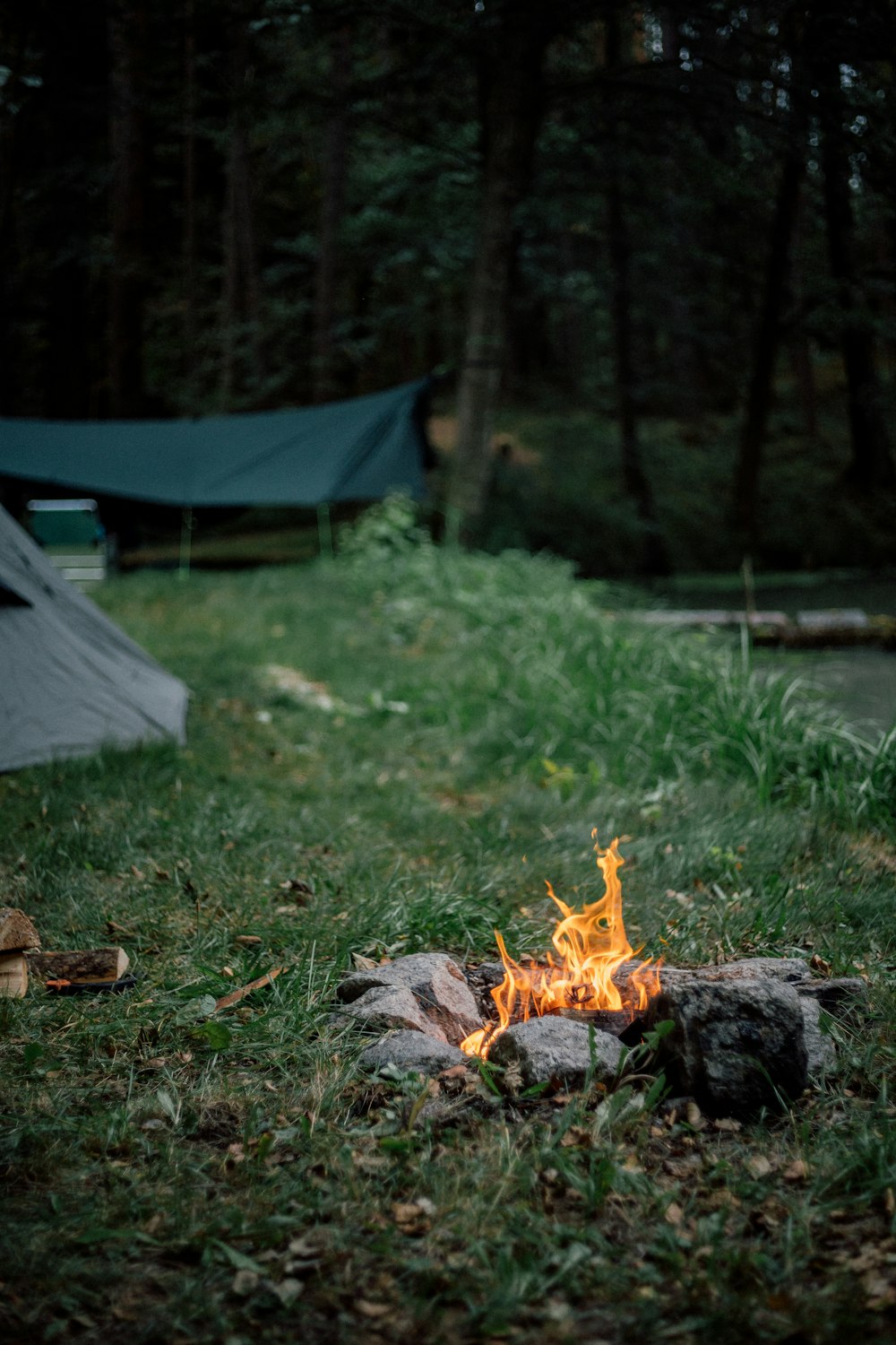 fire pit near gray dome tent at daytime