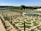 A meticulously designed formal garden featuring geometric patterns created with hedges and grass. Potted trees and symmetrical pathways enhance the structured design. The backdrop shows a densely wooded area and a tranquil lake.