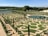 A meticulously designed formal garden featuring geometric patterns created with hedges and grass. Potted trees and symmetrical pathways enhance the structured design. The backdrop shows a densely wooded area and a tranquil lake.
