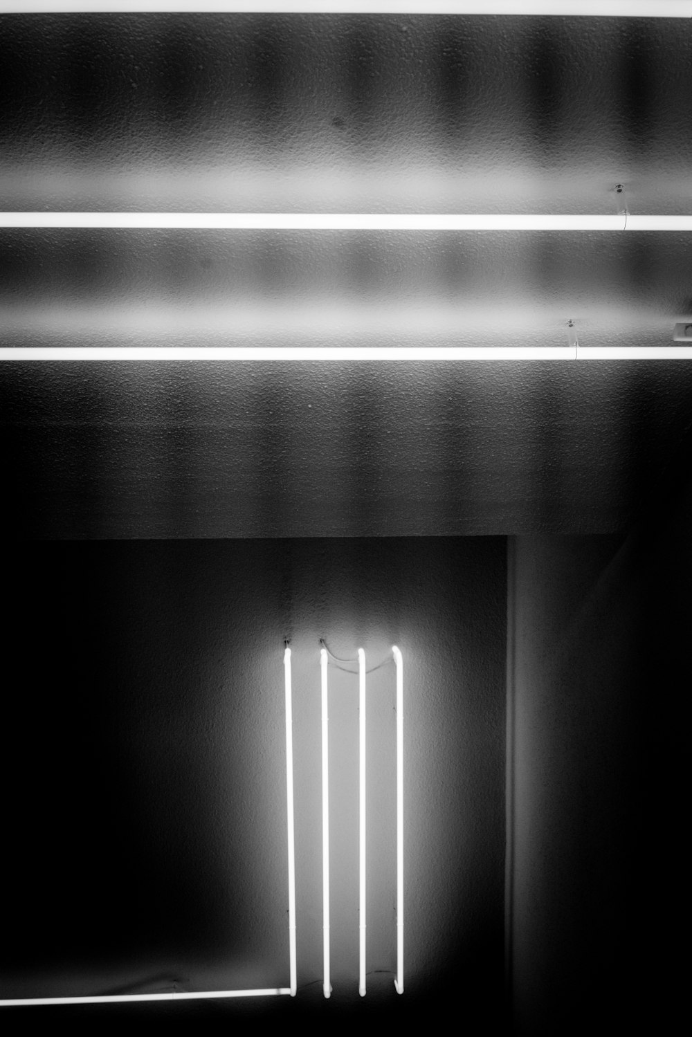 Photographie en niveaux de gris de lampes fluorescentes allumées à l’intérieur d’une pièce