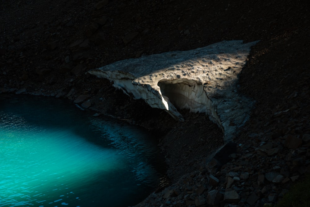 inside photo of cave with teal water