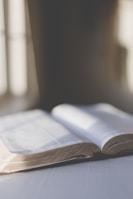 An open book resting on a wooden table with soft natural light highlighting the pages.