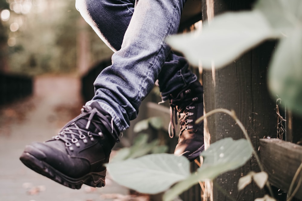 pair of black leather hiking boots