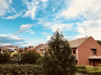 A vibrant suburban neighborhood with newly renovated houses under a clear blue sky.
