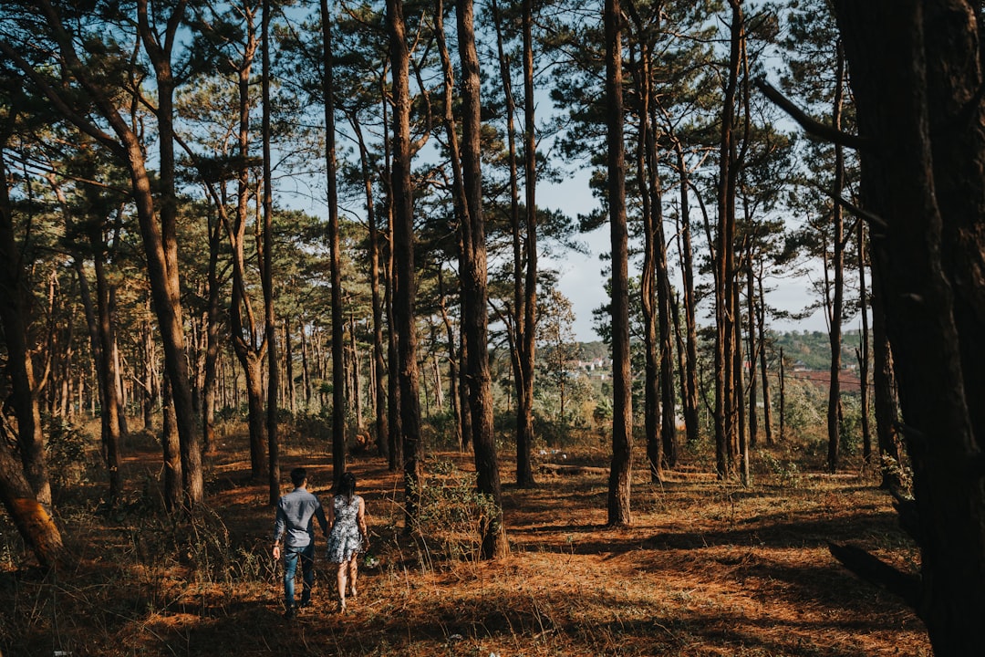 female and male standing near forest