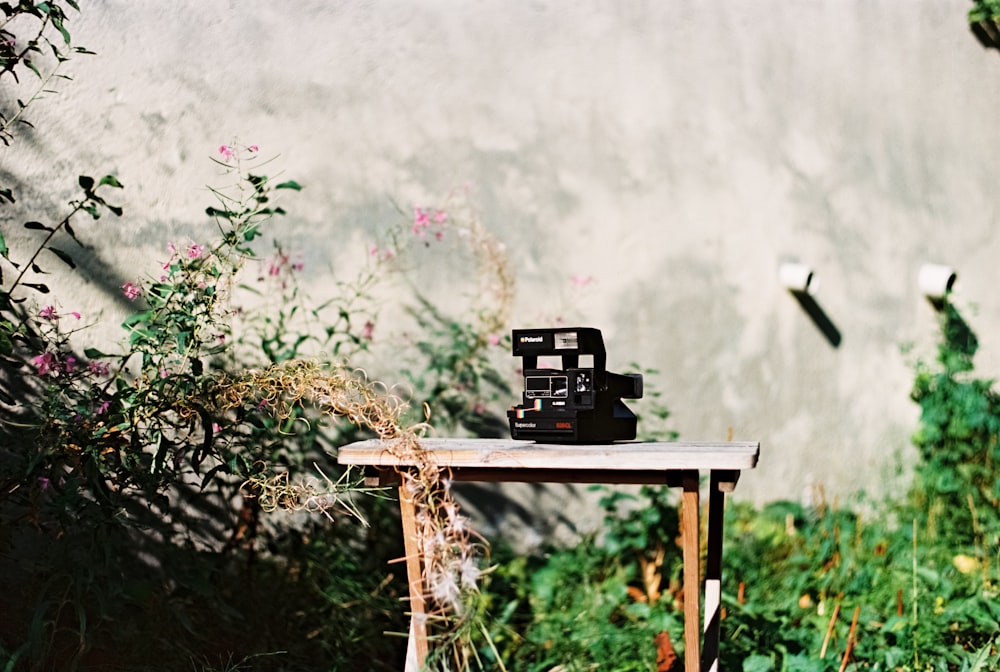 black land camera on brown wooden bench