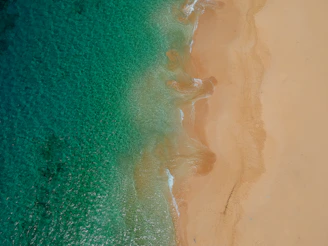 A vibrant drone shot of turquoise ocean waves meeting a golden sandy beach at sunset