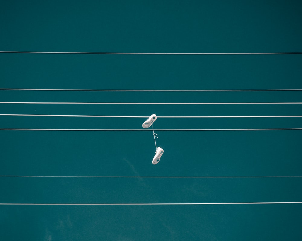 paire de chaussures blanches accrochées à un câble