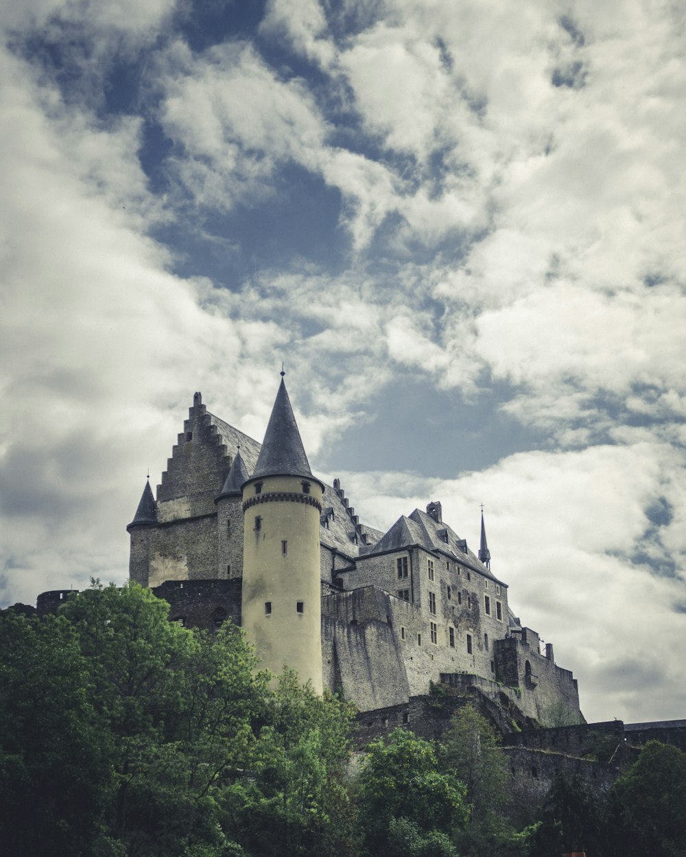 un grand château avec une tour au sommet d’une colline