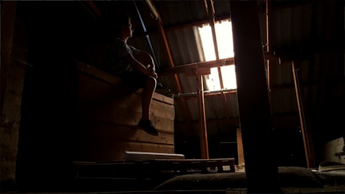 A dimly lit attic space with wooden beams and a partially visible roof letting in natural light through a small window. A person is sitting on a wooden surface, silhouetted against the light.